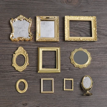 1:12 DIY Mini Altın Çerçeveleri Dollhouse Süs Vintage Mobilya Minyatür Retro Ayna Avrupa Tarzı Bebek Aksesuarları