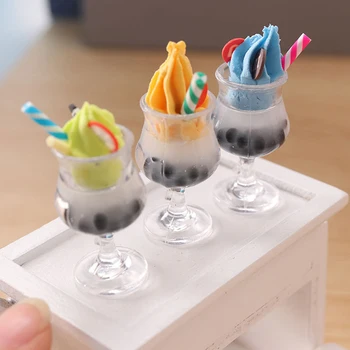 1: 6 Evcilik Minyatür Dondurma Fincan İnci Süt çaylı içecek Fincan Modeli Oturma Sahne Dekor Dollhouse Aksesuarları Bardak Mutfak Oyuncaklar