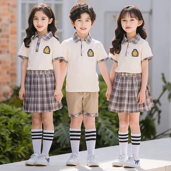 2 Adet Çocuklar Okul Üniformaları Setleri Öğrenci Erkek Kız Yaz Pamuk Çocuk Üstleri Ekose Pilili Etek kısa pantolon Takım Elbise Sevimli Kore