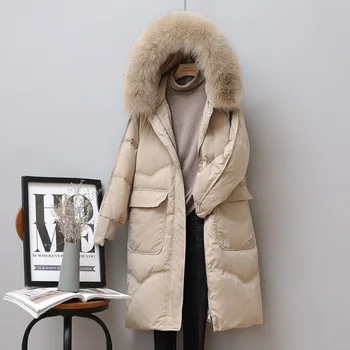2021 Kış Yeni Moda Gevşek Büyük Kürk Yaka Aşağı Ceketler Kalın Sıcak Kadınlar Beyaz Ördek Aşağı Palto Kapşonlu Gevşek Tilki Kürk Aşağı Parka