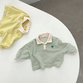 2022 Sonbahar Yeni Bebek Uzun Kollu T Shirt Çocuk Çizgili polo gömlekler Yaka Erkek Kız Çiçek Tişörtü Casual Bebek Üstleri