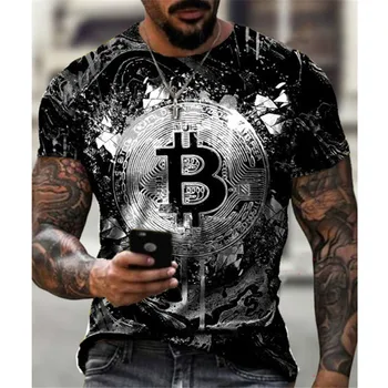 2022 Yaz Yeni erkek kısa Kollu bol tişört Bitcoin 3D Baskı İnce Yuvarlak Boyun Kazak erkek Rahat Rahat Sokak Biz