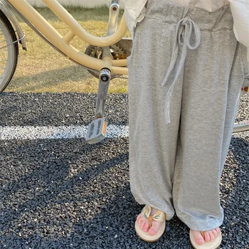 2022 Çocuk Pantolon Ayak Bileği Uzunluğu Elastik Bel İpli Gevşek Düz Geniş Bacak Pantolon Düz Yumuşak Rahat Rahat Sonbahar Unisex