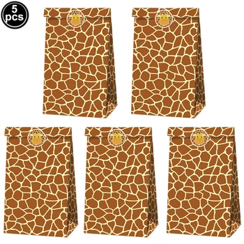 5 adet Orman Zürafa Şeker Torbaları Hayvan Şeker ikram çantaları Kağıt hediye keseleri Jungle Safari Tema Doğum Günü Partisi Bebek Duş İyilik