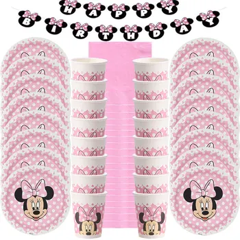 53 adet/Disney Minnie Mouse Tema Bardak Tabak Peçete Afiş Parti Malzemeleri Çocuk Kız Bebek Duş Doğum Günü Partisi Süslemeleri Seti