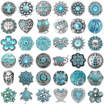 6 adet / grup Snap Düğmesi Takı Gökyüzü Mavi Rhinestone Baykuş Çapraz Fil Çiçek Yapış Düğmeler Fit 18mm Snaps Takı Bilezikler