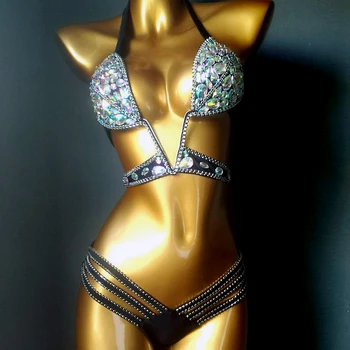 6 Renk Lüks bikini seti Kadın Bling Diamante Karnaval Sutyen Kırpma Üst Kristal Külot Rave Festivali Yanan Adam Kıyafet gece elbisesi
