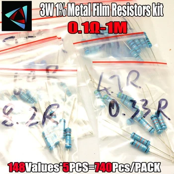 740 adet / grup 3W 1 % 148valuesX5pcs 0.1 R~1M Metal Film rezistans Kiti Paketi Seti