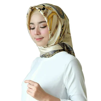 90 * 90cm Moda Müslüman ipek başörtüsü Kadın Baskı Kare Eşarp Headwraps Başörtüsü Femme Musulman Kafa Bandı Malezya Hicap