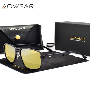 AOWEAR erkek Kare Polarize Güneş Gözlüğü Erkekler Dikdörtgen Araba Sürücüsü Retro güneş gözlüğü Gece Görüş Sarı Gözlük Erkekler / Kadınlar için