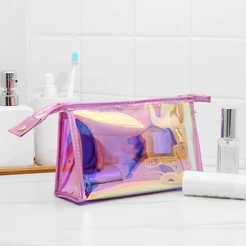 Banyo Yıkama Tuvalet Makyaj Çantası Kadın Kız Su Geçirmez Fermuar Şeffaf PVC Lazer Kozmetik Çantası Güzellik saklama çantası Durumda