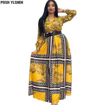 Baskı Uzun Maxi Elbise Güz Giyim Afrika Elbiseler Kadınlar Kulübü Kıyafet Dashiki Ankara Akşam Parti Robe Femme afrika giyim