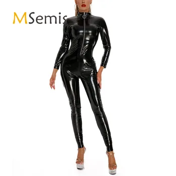 Bayan Moda Fermuar Standı Yaka Bodysuit Parlak Patent Deri Motosiklet uzun kollu giyim Catsuit Rave Sahne Clubwear
