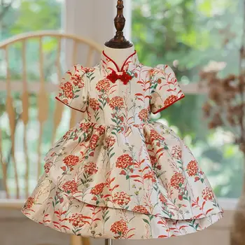 Bebek İspanyol Lolita Prenses Balo Baskı Cheongsam Tasarım Doğum Günü Partisi Vaftiz Elbise Paskalya Elbiseler Kızlar İçin A1596