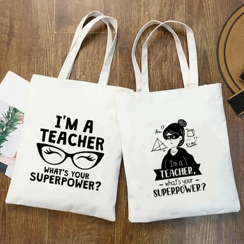 Ben Bir Öğretmen Ne Süper Güç Kadın Alışveriş Tote Çanta Beyaz keten çantalar Eko Kullanımlık Moda Öğretmen Omuz Kitap Çantası
