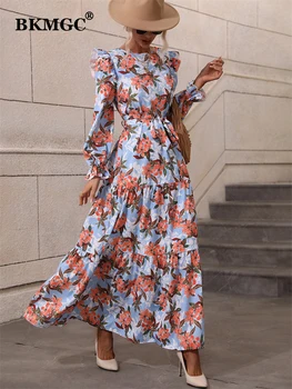 BKMGC Fırfır Kelebek Kollu Çiçek Baskı O-Boyun Kuşaklı Bel Yaz Sonbahar Kadınlar Uzun Maxi Elbiseler Boho Bohemian Rahat Kumaş