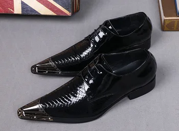 Christia Bella Klasik Siyah Iş Resmi Metal Sivri Burun Erkek Ölçekli Hakiki Deri Oxfords Ayakkabı adamın Balo Brogue Ayakkabı