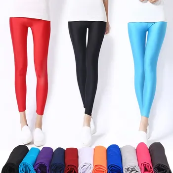 CHSDCSI Parlak Tayt Pantolon Sıcak Satış Kadınlar Katı Floresan Spandex Esneklik günlük pantolon Spor Leggins