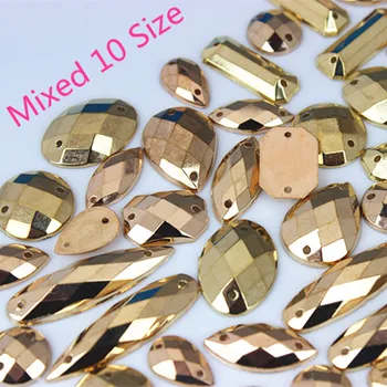 Cong Shao 100 adet Karışık 10 Boyutu Altın Renk Flatback Akrilik Rhinestone Taşlar Ve Kristaller Dikiş 2 Delik DIY Kostüm Düğmesi 8Y225