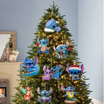 Disney Lilo ve Stitch Noel Ağacı Dekorasyon Karikatür Araba Dikiz Aynası Akrilik Düz Asmak Kolye Çocuk Oyuncakları Parti Dekor 2D