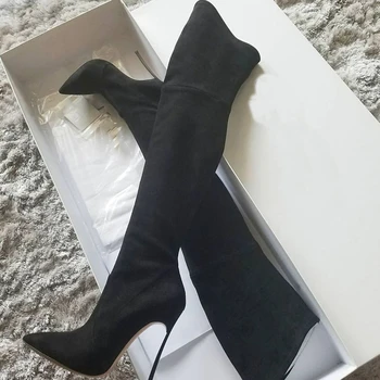Diz üzerinde Süet İnce Çizmeler Streç Kumaş Metal İnce Yüksek Topuk Seksi Sivri Kış Kadın Ayakkabı Üzerinde Kayma Katı Seksi Çizmeler