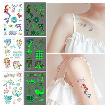 Dövme Çıkartmalar Aydınlık Çocuklar Geçici Sahte Dövmeler Glow Macun Yüz Kol Bacak Çocuklar için Vücut Sanatı Mermaid Sticker Parti için