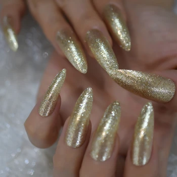 Ekstra Uzun Altın Glitter Sahte Tırnak Tasarımcısı Tırnak Salonu Akrilik Çivi Sopa Keskin Manikür Tırnaklar