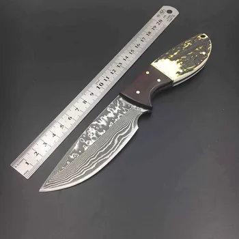 El yapımı dövme Şam Çelik av bıçağı sabit bıçak Gülağacı+ Boynuz inek derisi deri kılıf
