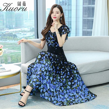 Elegantes Kore Moda Plaj Elbise Mavi Şifon yaz giysileri Kadınlar İçin Uzun Abiye Çiçek Vestidos De Fiesta Rahat