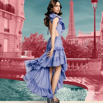 Emily Paris 2 Fransız seksi Romantik Backless Fırfır Elbise Düzensiz Ön Kısa Arka Uzunluk Tasarım Kadınlar Şık Elbiseler 2022 yeni