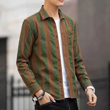 Erkek İlkbahar Yaz Uzun Kollu Çizgili Gömlek 2022 Moda Baskı Bluzlar Streetwear Marka Gevşek Casual Gömlek Tops Erkekler W14