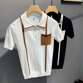 Erkek Yaz 2022 Yeni Moda Kısa Kollu Polo Çizgili Patchwork Gömlek Erkek Kore Casual Slim Fit Örme Gömlek Tops L106