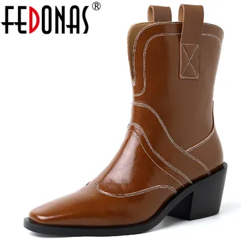 FEDONAS Yeni Varış Kadın Orta Buzağı Çizmeler Moda Dikiş Hakiki Deri Kalın Topuklu Ayakkabılar Kadın Sonbahar Kış Rahat Çalışma