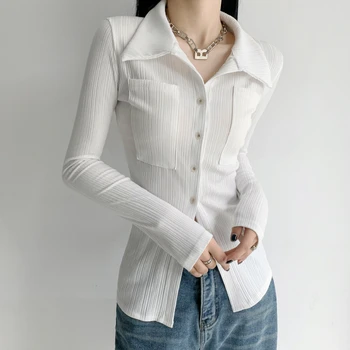 Feiernan Vintage Beyaz Gömlek Kadınlar için Zarif Polo Sıkı Uzun Bluz Kadın Düğmeli Hırka Bahar 2022 Moda Giyim