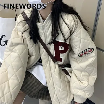 FINEWORDS Rahat Kadın Kışlık Mont Ve Ceketler Kore Öğrenci Kafes Eşkenar Dörtgen Baskılı Ceket Streetwear Harajuku Giyim