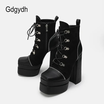 Gdgydh Lace Up Platformu Çizmeler Kadınlar ıçin Üçgen Tıknaz Topuk Kare Ayak Pu Deri Topuklu Çizmeler Gotik serseri Ayakkabı Fermuarlı