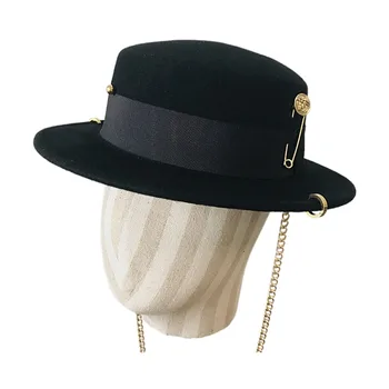 Geniş fötr şapkalar Kadınlar için Elbise Şapka Erkekler için Siyah Panama Şapka Bahar Düz Renk Tek Taraflı Yün Keçe Caz fötr şapkalar
