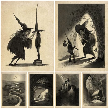 Günlük Yaşam Küçük Cadı Duvar Sanatı Cadı Süpürge Posterler Ve Baskılar Orman Büyücülük Dekor Tuval Boyama Çerçevesiz