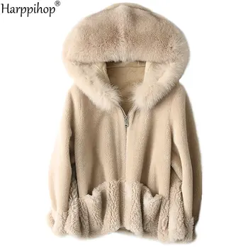 Harppihop Gerçek koyun kürk ceket ceket palto kadın kış sıcak hakiki kürk palto palto
