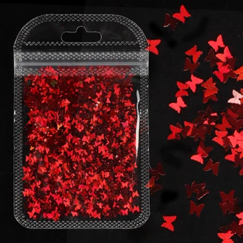 Holografik Kırmızı Kelebek Nail Art Glitter Pul 3D Lazer Levha Manikür Charm Parçaları Tırnak Tasarım Dekorasyon Aksesuarları
