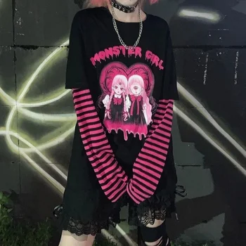 HOUZHOU Gotik T Shirt Kadın Merkezi Goth Üst Harajuku Siyah Uzun Kollu T-shirt Sahte İki parçalı Punk Grunge Streetwear Alt E Kız