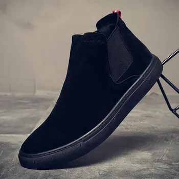 Ingiltere tasarım erkek moda chelsea çizmeler ınek süet deri ayakkabı siyah slip-on ayakkabı düz platform bileğe kadar bot sapatos botas erkek