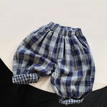 İlkbahar sonbahar unisex çift katlı vintage ekose pantolon çocuk dipleri erkek ve kız pamuk gevşek harem pantolon