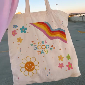 Kadın Alışveriş Y2K Çiçek Tuval Alışveriş Çantası kız çanta Tote Omuz Bayan Çantası