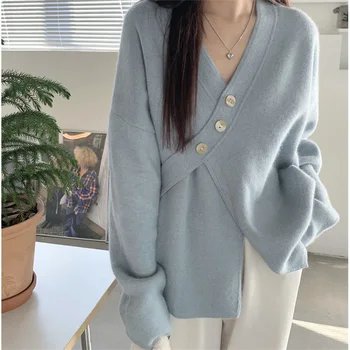 Kadın Giyim Kore Düğmeleri Düz Renk Örgü Uzun Kollu V Yaka Gevşek Kazak Kış Moda Düzensiz Hırka Tops