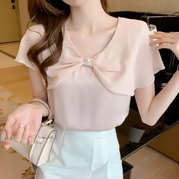 Kadın Kore Moda Boncuk Ruffles Casual Şifon Gömlek Yaz kadın Giyim Tüm Maç O-Boyun Patchwork Düz Renk Bluz