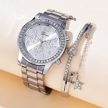 Kadın Saatler Moda Gül Altın İzle Bilezik Seti Bayanlar Kol Saatleri Paslanmaz Çelik Gümüş Kayış Kadın quartz saat