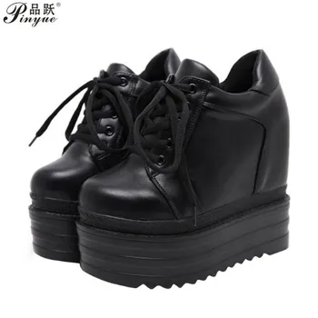 Kadın yarım çizmeler 2020 Sonbahar PU deri ayakkabı Kadın Platformu Yüksekliği Artan Sneakers 13.5 CM Kalın Taban Takozlar siyah çizmeler