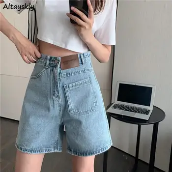 Kadın Şort Denim Diz Boyu Pantolon Gevşek Yüksek Bel Cepler Moda Tüm Maç Vintage Şık Öğrenciler Streetwear Yaz Şık
