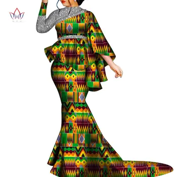 Kadınlar için afrika Giysi Bazin Riche Çiçek Baskılı 2 Parça Setleri Düzensiz Yarasa Kollu Üst ve Uzun Etekler bayan Parti Kıyafetleri